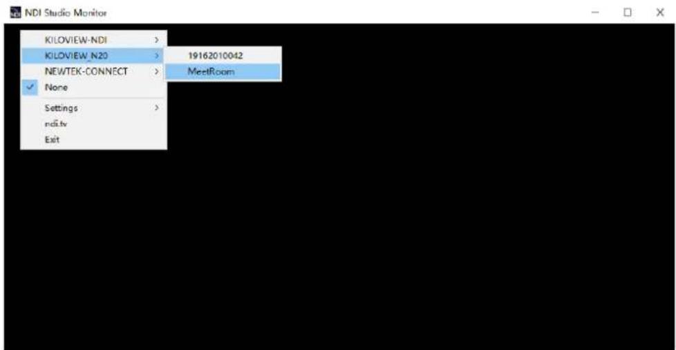 NDI Studio Monitor KILOVIEW-NDI > KILOVIEW_N20 > 19162010042 NEWTEK-CONNECT > MeetRoom None Settings > ndi.tv Exit