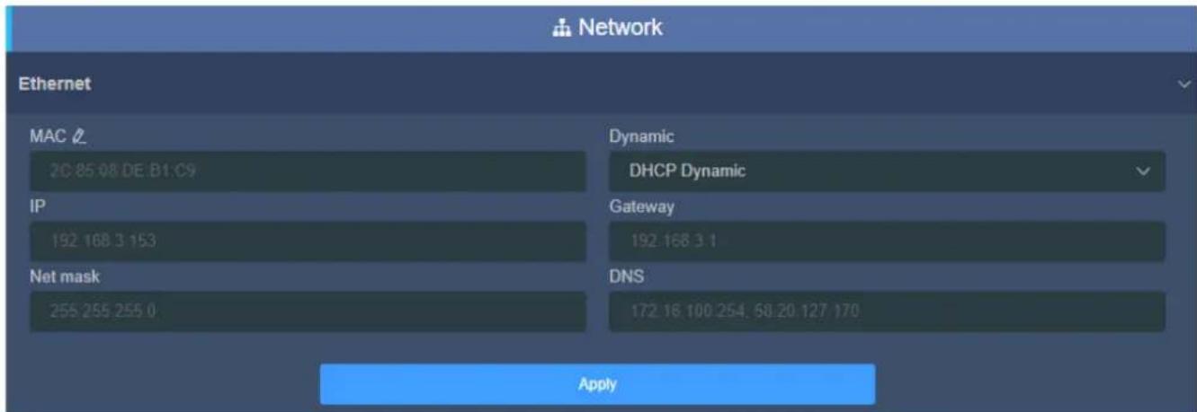 Network Ethernet MAC 20-85.08 DE:B1:C9 IP 192 168 3 153 Net mask 255 255 255.0 Dynamic DHCP Dynamic Gateway 192 168 3 1 DNS 172 16 100 254 58 20 127 170 Apply
