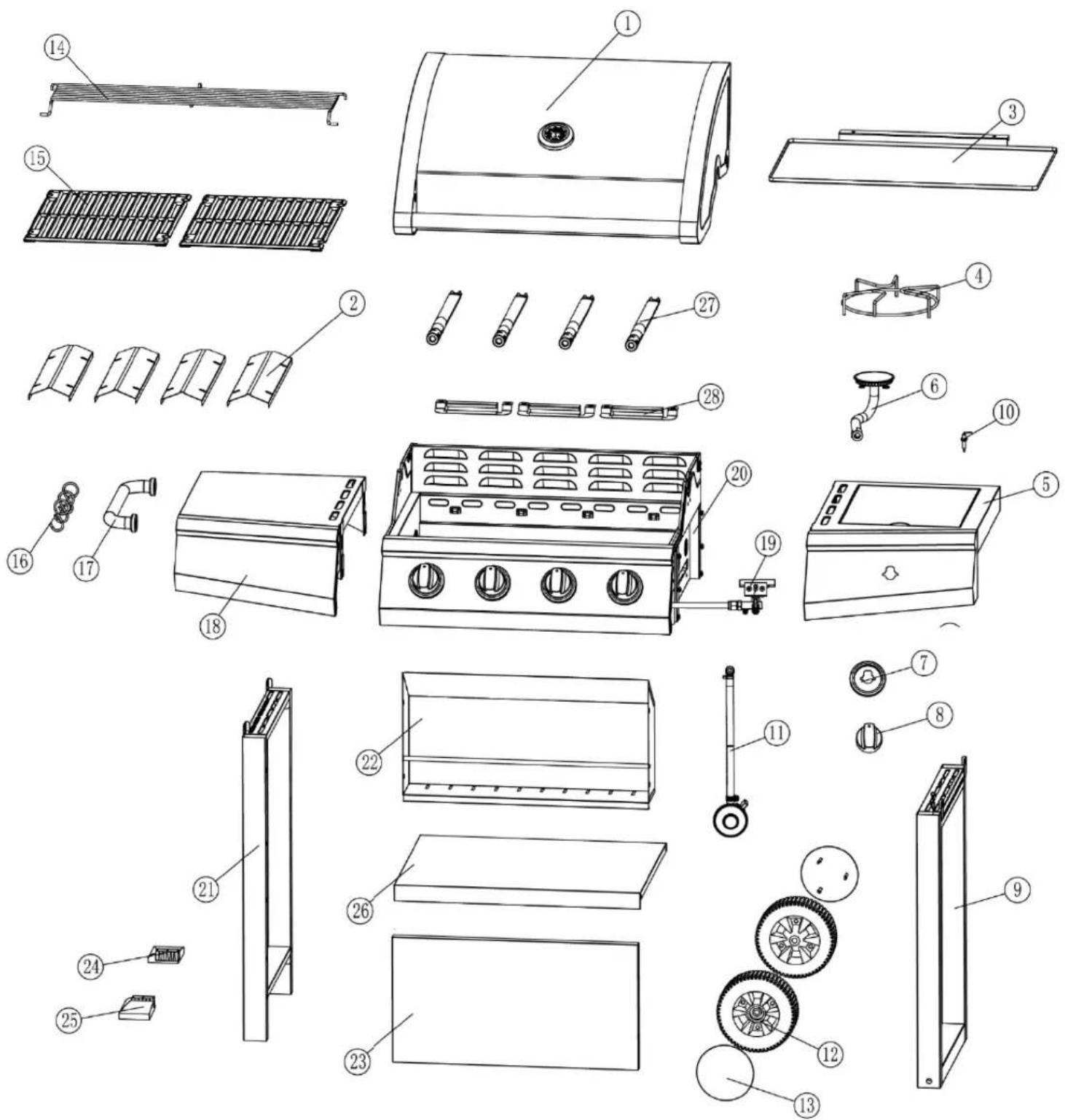 Exploded view diagram of a kitchen appliance with numbered parts for identification