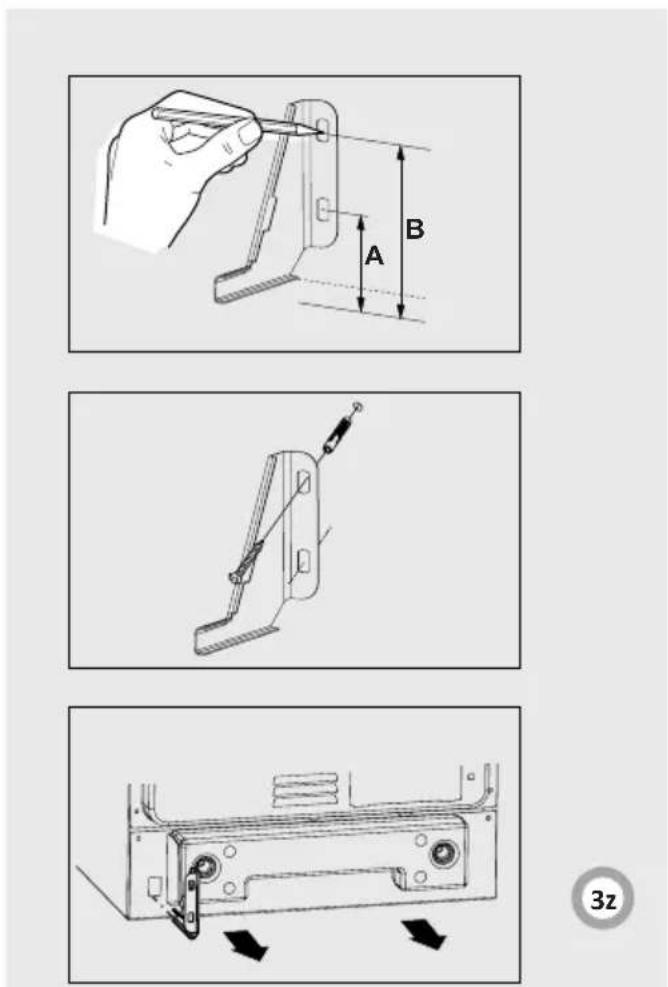 Technical diagram showing three-step assembly steps: pin insertion, tool path, and final assembly with directional arrows.