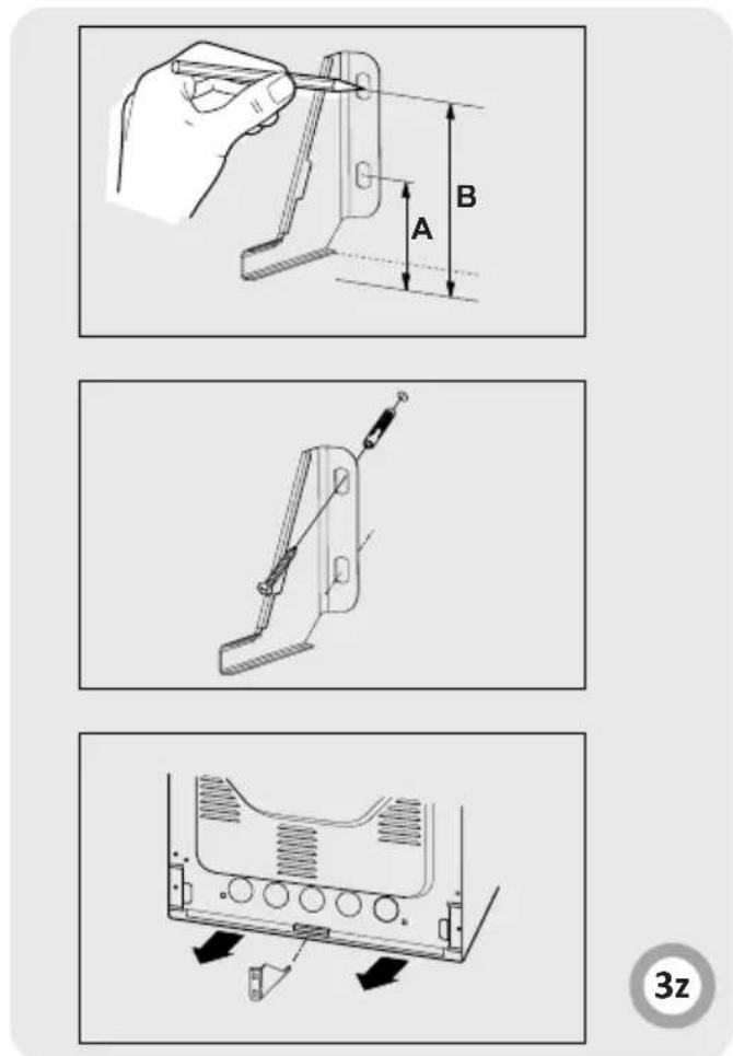 Technical diagram showing three-step assembly steps: tool insertion, folding, and mounting bracket installation.