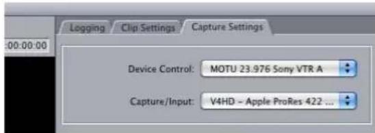 Logging Clip Settings Capture Settings Device Control: MOTU 23.976 Sony VTR A Capture/Input: V4HD - Apple ProRes 422 ...