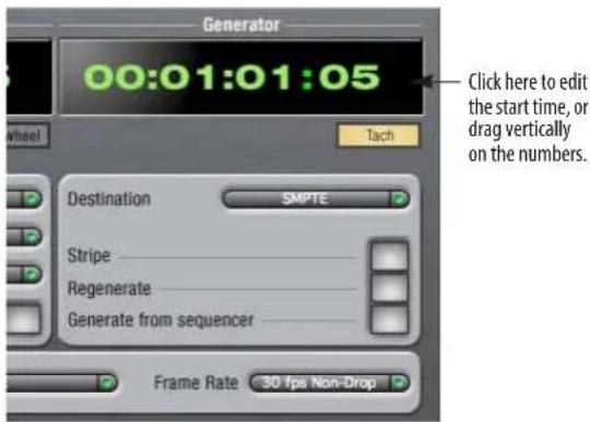 Generator 00:01:01:05 Click here to edit the start time, or drag vertically on the numbers. Destination SMPTE Stripe Regenerate Generate from sequencer Frame Rate 30 fps Non-Drop