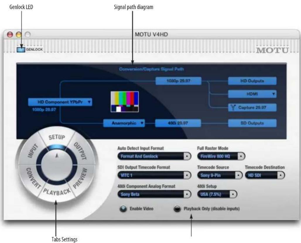 Genlock LED Signal path diagram MOTU V4HD GENLOCK Conversion/Capture Signal Path 1080p 29.97 HD Outputs HDMI Capture 29.97 Anamorphic 480i 29.97 SD Outputs HD Component YPbPr 1080p 29.97 Auto Detect Input Format Format And Genlock Full Raster Mode FireWire 800 HQ SDI Output Timecode Format VITC 1 Timecode Source Sony 9-Pin Timecode Destination HD SDI 480i Component Analog Format Sony Beta 480i Setup USA (7.5%) Enable Video Playback Only (disable inputs) Tabs Settings