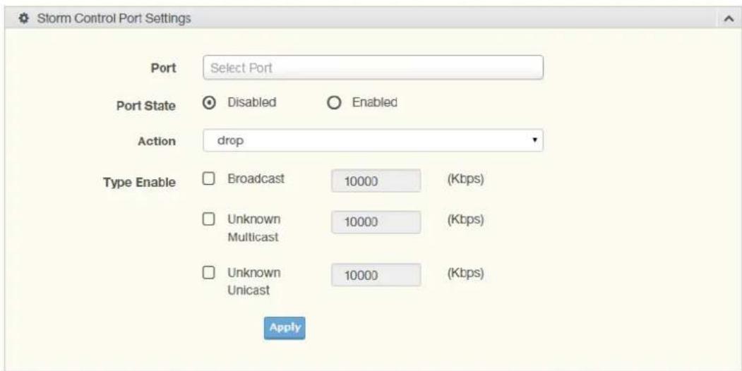 Storm Control Port Settings Port Select Port Port State Disabled Enabled Action drop Type Enable Broadcast 10000 (Kbps) Unknown Multicast 10000 (Kbps) Unknown Unicast 10000 (Kbps) Apply