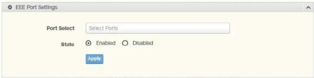EEE Port Settings Port Select Select Ports Stato Enabled Disabled Apply