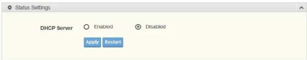 Status Settings DHCP Server ○ Enabled ○ Disabled Apply Restart