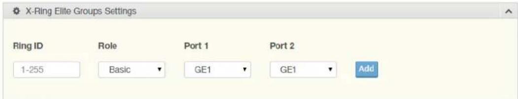 X-Ring Elite Groups Settings Ring ID Role Port 1 Port 2 1-255 Basic GE1 GE1 Add