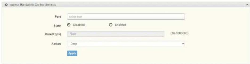 Ingress Bandwidth Control Settings Port Select Port State Disabled Enabled Rate(Kbps) Rate (16-1000000) Action Drop Apply