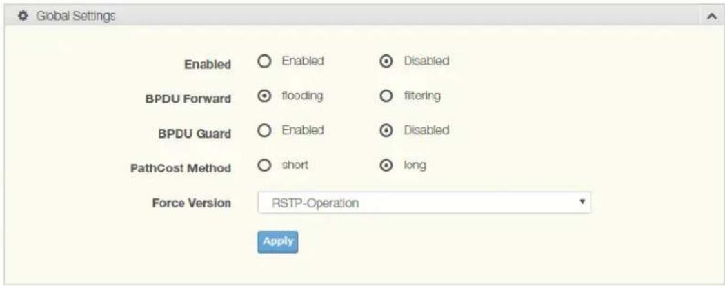 Global Settings Enabled Enabled Disabled BPDU Forward flooding filtering BPDU Guard Enabled Disabled PathCost Method(short Ilong) Force Version RSTP-Operation Apply