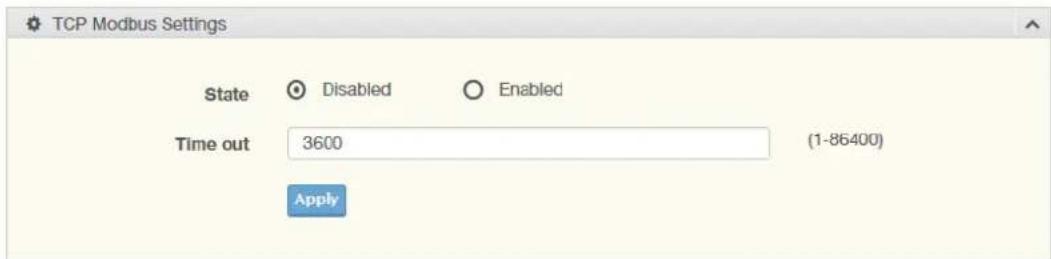 TCP Modbus Settings State Disabled Enabled Time out 3600 (1-86400) Apply