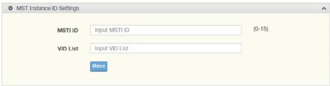 MST Instance ID Settings MSTI ID Input MSTI ID (0-15) VID List Input VID List Move