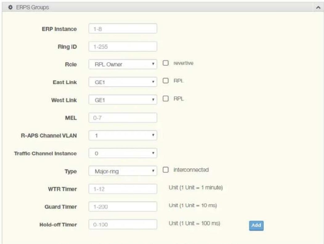 ERPS Groups ERP Instance 1-8 Ring ID 1-255 Role RPL Owner ▼ revertive East Link GE1 ▼ RPL West Link GE1 ▼ RPL MEL 0-7 R-APS Channel VLAN 1 Traffic Channel Instance 0 Type Major-ring ▼ interconnected WTR Timer 1-12 Unit (1 Unit = 1 minute) Guard Timer 1-200 Unit (1 Unit = 10 ms) Hold-off Timer 0-100 Unit (1 Unit = 100 ms) Add