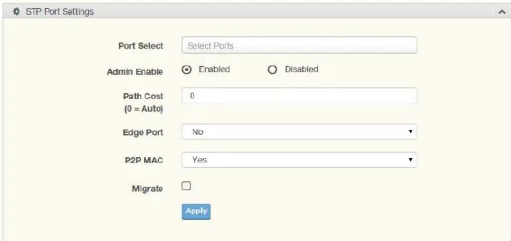 STP Port Settings Port Select Select Ports Admin Enable Enabled Disabled Path Cost 0 (0 = Auto) Edge Port No P2P MAC Yes Migrate Apply