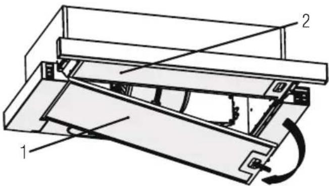 Technical diagram of a mechanical device with labeled components 1, 2, and a curved arrow indicating rotation or movement.