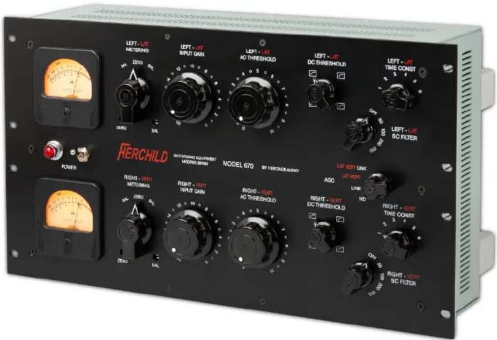 LEFT - LAT METERING LEFT - LAT INPUT GAIN LEFT - LAT AC THRESHOLD LEFT - LAT DC THRESHOLD LEFT - LAT TIME CONST 3 LEFT - LAT SC FILTER POWER FERCHILD MOTORING EQUIPMENT WORD, SPIN MODEL 670 BY HERITAGE AUDIO RIGHT - VERT METERING RIGHT - VERT INPUT GAIN RIGHT - VERT AC THRESHOLD LAT VERT LINK AOC LINK NO RIGHT - VERT DC THRESHOLD RIGHT - VERT SC FILTER RIGHT - VERT SC FILTER