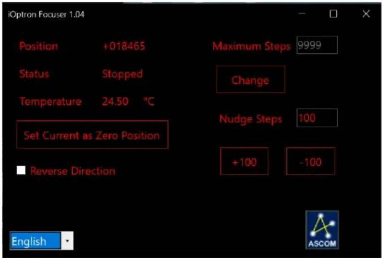 iOption Focuser 1.04 Position +018465 Status Stopped Temperature 24.50 °C Set Current as Zero Position Reverse Direction English Maximum Steps 9999 Change Nudge Steps 100 +100 -100 ASCOM