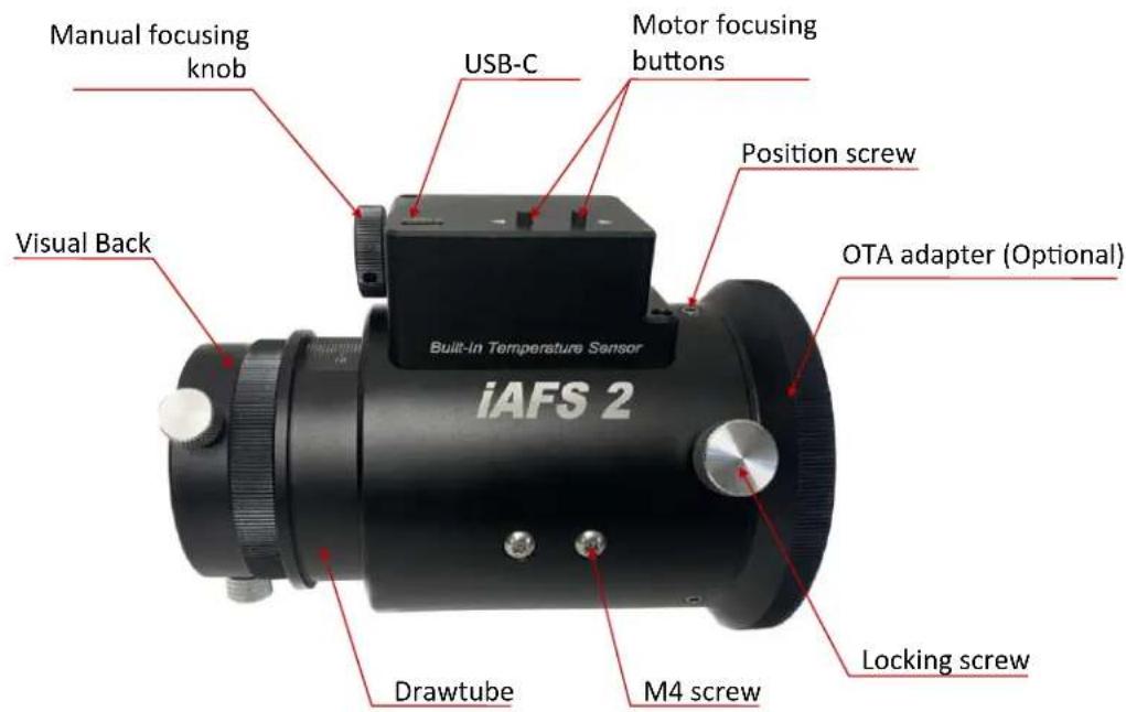 Manual focusing knob Visual Back USB-C Motor focusing buttons Position screw OTA adapter (Optional) Built-In Temperature Sensor iAFS 2 Drawtube M4 screw Locking screw
