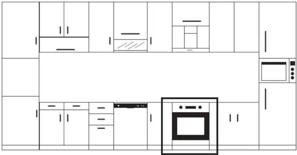 Architectural floor plan of a kitchen with labeled cabinets, fixtures, and oven