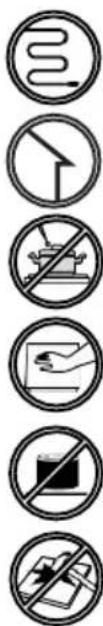 Four circular icons with symbols and prohibition signs, indicating prohibited use or restriction levels.