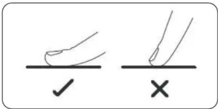 Diagram showing two hand positions on a checkmark and an X mark, likely indicating correct or incorrect positioning.