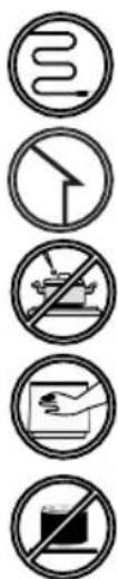Four circular icons with symbols representing different types of hazardous substances, including a coiled tube, plug, water drop, and hand holding a laptop.