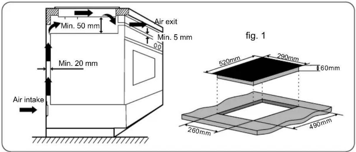 Air intake Min. 20 mm Min. 50 mm Air exit Min. 5 mm Fig. 1 520mm 290mm 60mm 260mm 490mm