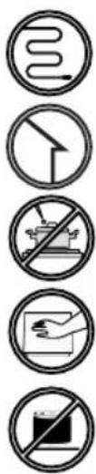 Four circular symbols representing different types of hazardous substances, including a coiled tube, lightning, industrial equipment, and a chemical reaction.