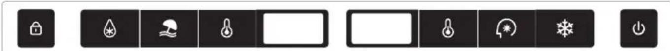 Row of black square buttons with icons for security, water, climate, temperature, humidity, weather, and power symbols