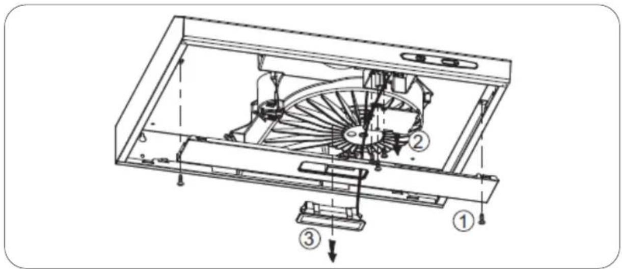 Technical diagram of a mechanical device with numbered components and directional arrows indicating assembly or motion.