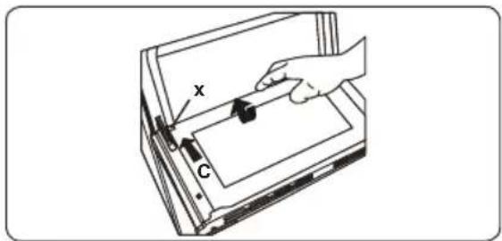 Diagram showing a hand holding a device labeled 'x' and marked with point 'C', likely illustrating a physics or engineering concept.