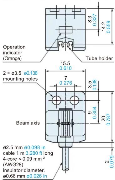 Operation indicator (Orange) Tube holder 2 × Ø3.5 Ø0.138 mounting holes Beam axis Ø2.5 mm Ø0.098 in cable 1 m 3.280 ft long 4-core × 0.09 mm² (AWG28) insulator diameter: Ø0.66 mm Ø0.026 in
