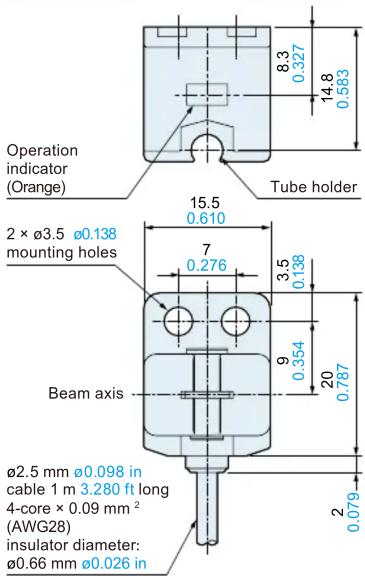 Operation indicator (Orange) Tube holder 2 × Ø3.5 Ø0.138 mounting holes Beam axis Ø2.5 mm Ø0.098 in cable 1 m 3.280 ft long 4-core × 0.09 mm² (AWG28) insulator diameter: Ø0.66 mm Ø0.026 in