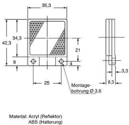 35,3 42,3 34,3 8 21 4 25 Montage- bohrung Ø 3,6 Material: Acryl (Reflektor) ABS (Halterung) 3,3 8,3