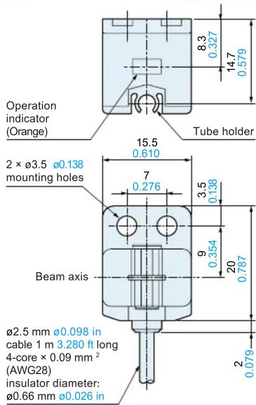 Operation indicator (Orange) Tube holder 2 × Ø3.5 Ø0.138 mounting holes Beam axis Ø2.5 mm Ø0.098 in cable 1 m 3.280 ft long 4-core × 0.09 mm² (AWG28) insulator diameter: Ø0.66 mm Ø0.026 in