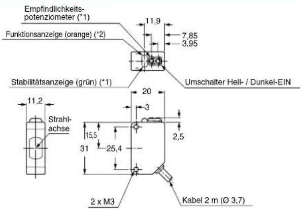 Empfindlichkeits- potenziometer (*1) Funktionsanzeige (orange) (*2) 11,9 7,85 3,95 Stabilitätsanzeige (grün) (*1) Umschalter Hell- / Dunkel-EIN 11,2 Strahl- achse 20 3 15,5 2,5 31 25,4 2 x M3 Kabel 2 m (∅ 3,7)