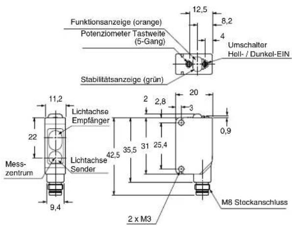 Funktionsanzeige (orange) Potenziometer Tastweite (5-Gang) Stabilitätsanzeige (grün) Umschalter Hell-/Dunkel-EIN 12,5 8,2 4 Lichtachse Empfänger 20 2,8 3 0,9 Mess- zentrum 22 Lichtachse Sender 42,5 35,5 31 25,4 9,4 2 x M3 M8 Stockanschluss