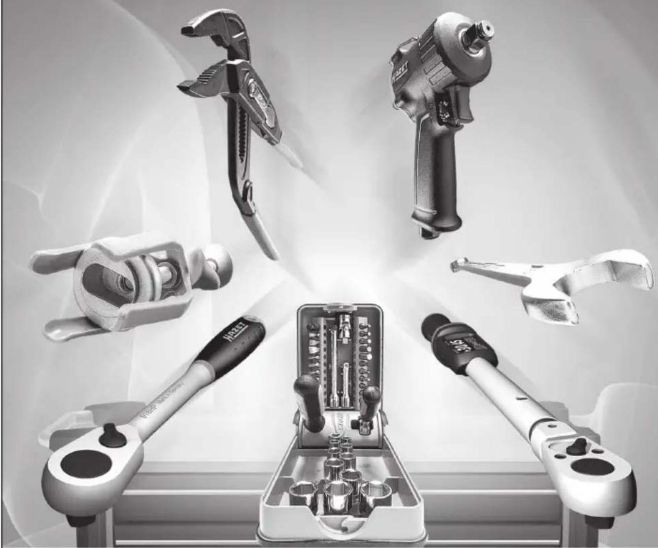 Black-and-white product photo showing various wrenches and a tool kit with no visible text or symbols
