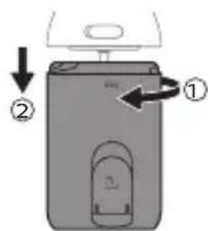 Diagram of a device with labeled parts and directional arrows indicating movement or assembly.