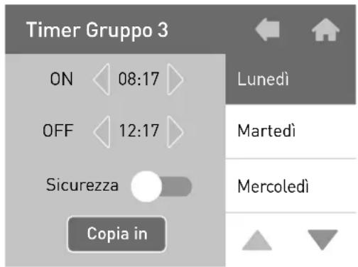 Timer Gruppo 3 ON 08:17 OFF 12:17 Sicurezza Copia in Lunedì Martedì Mercoledì