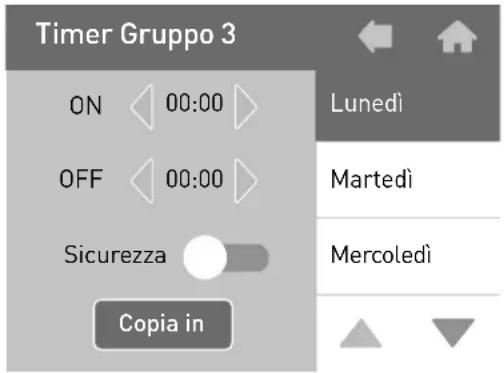 Timer Gruppo 3 ON 00:00 OFF 00:00 Sicurezza Copia in Lunedì Martedì Mercoledì