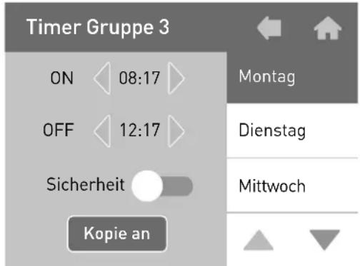 Timer Gruppe 3 ON 08:17 OFF 12:17 Sicherheit Kopie an Montag Dienstag Mittwoch