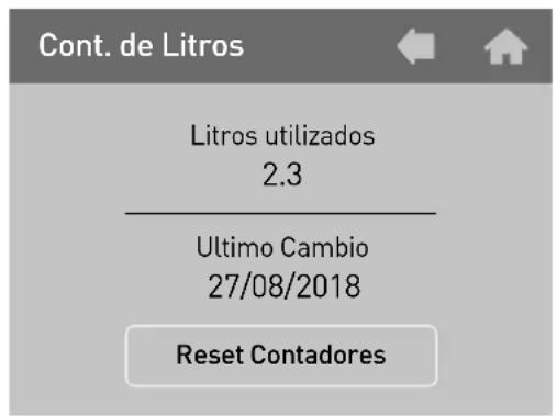 Cont. de Litros Litros utilizados 2.3 Ultimo Cambio 27/08/2018 Reset Contadores