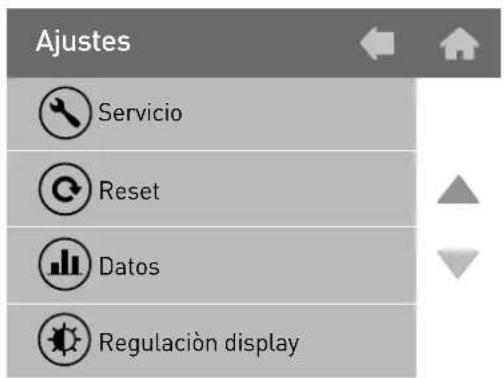 Ajustes Servicio Reset Datos Regulación display