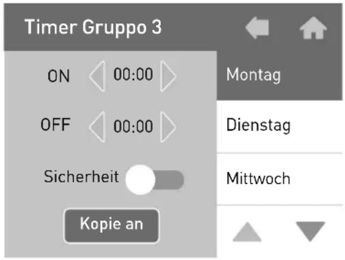 Timer Gruppo 3 ON 00:00 OFF 00:00 Sicherheit Kopie an Montag Dienstag Mittwoch