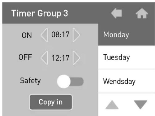 Timer Group 3 ON 08:17 OFF 12:17 Safety Copy in Monday Tuesday Wendsday