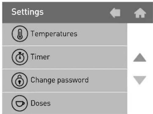 Settings Temperatures Timer Change password Doses