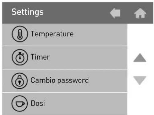 Settings Temperature Timer Cambio password Dosi
