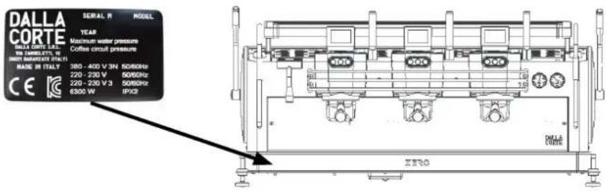 DALLA CORTE SEMA CORTE LTR WLL ZAMMELTY, N HOTI NASHARE (SAL) BASE IR ITALY CE 380 - 400 V 3N 50/6Hz 220 - 230 V 50/6Hz 220 - 230 V 3 50/6Hz 6300 W IPX9 SERIAL R MODEL YEAR Maximum water pressure Coffee circuit pressure 16 DALLA CORTE ZERO
