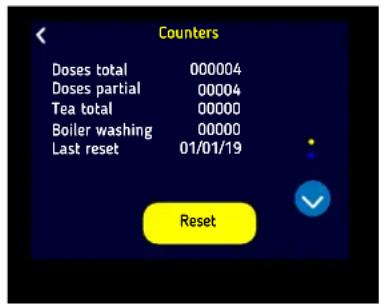 Counters Doses total 000004 Doses partial 00004 Tea total 00000 Boiler washing 00000 Last reset 01/01/19 Reset